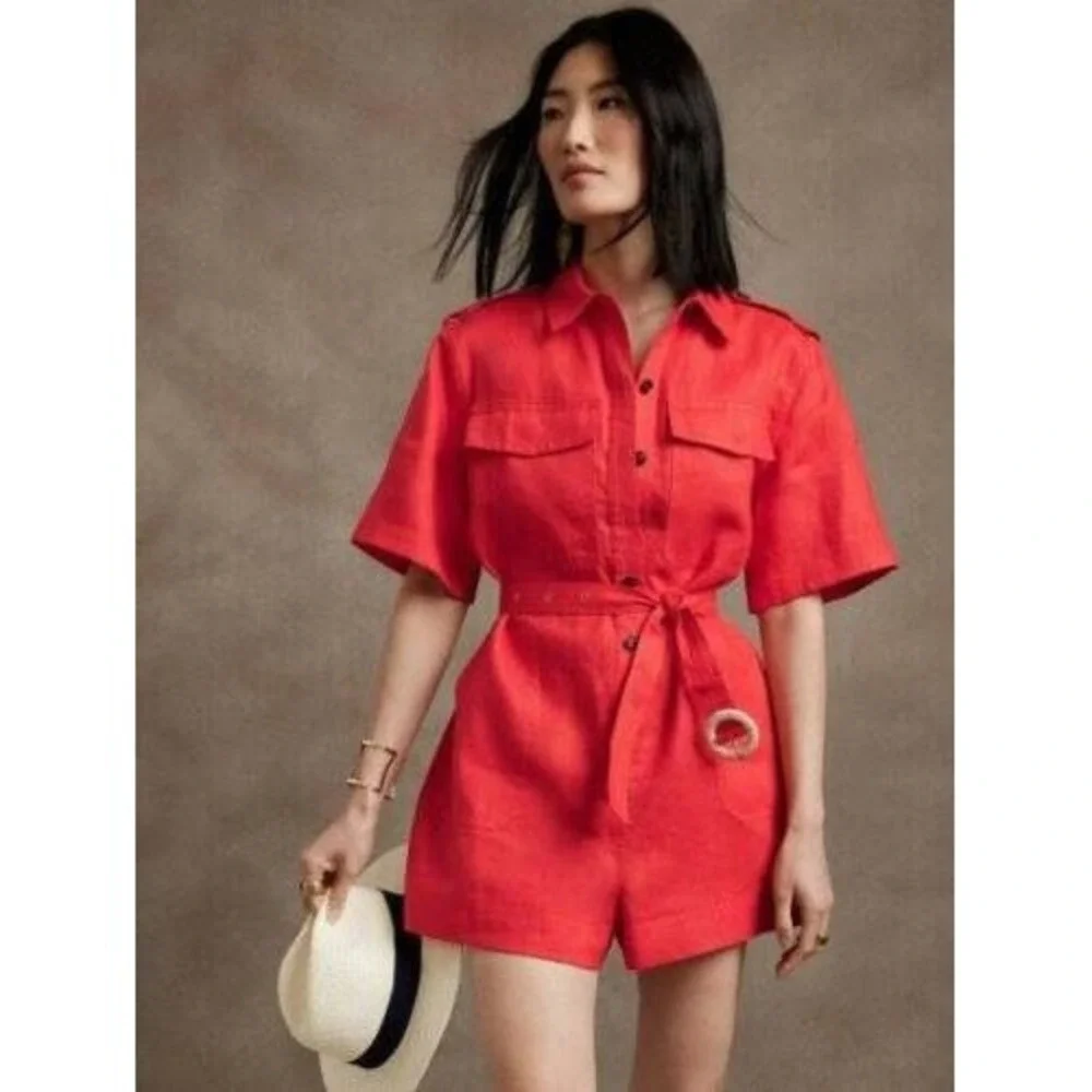 Banana Republic Petite Orange Linen Utility Romper Belted Short Sleeve Sz S Boho